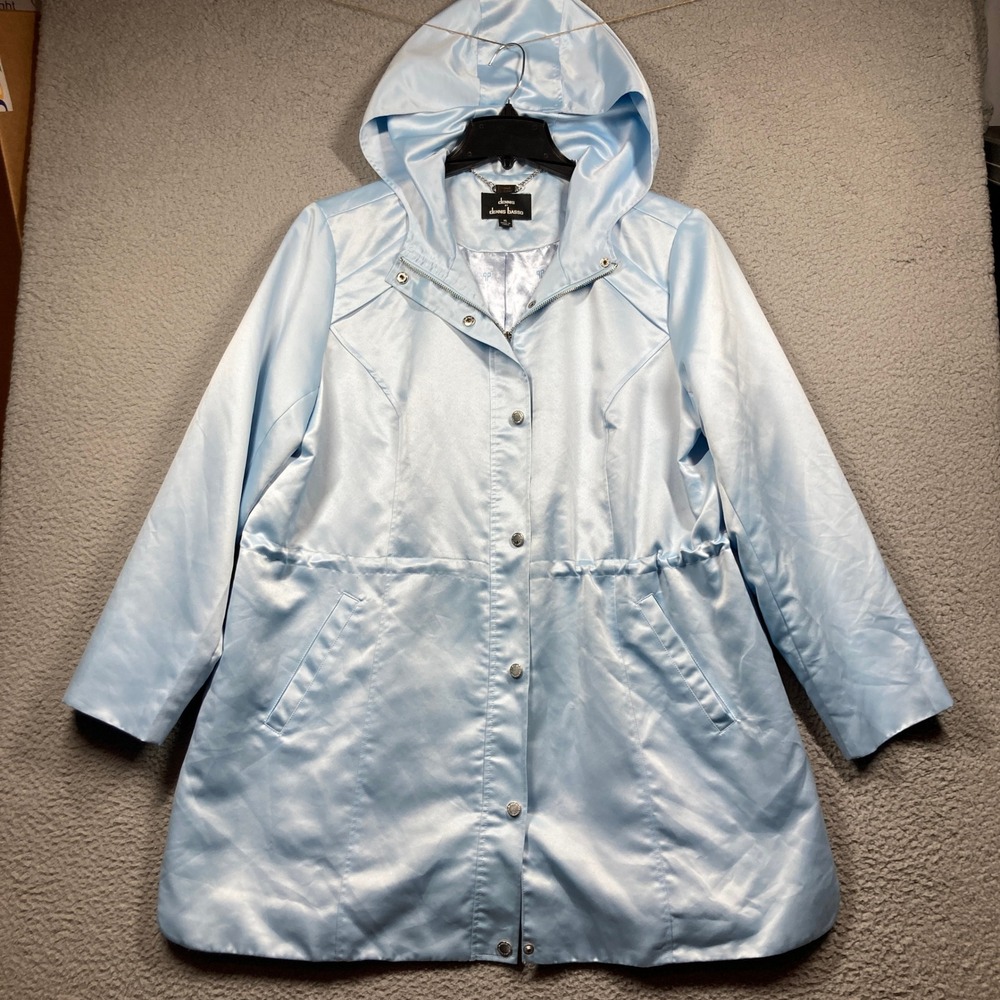 Dennis Basso Anorak Jacket Womens XL Light Pastel Blue Satin Hooded Drawstring